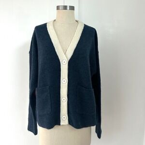 SUNDRY Heart Boxy Cardigan Sweater Midnight Cream Size 2 US M Navy Wool‎ Blend